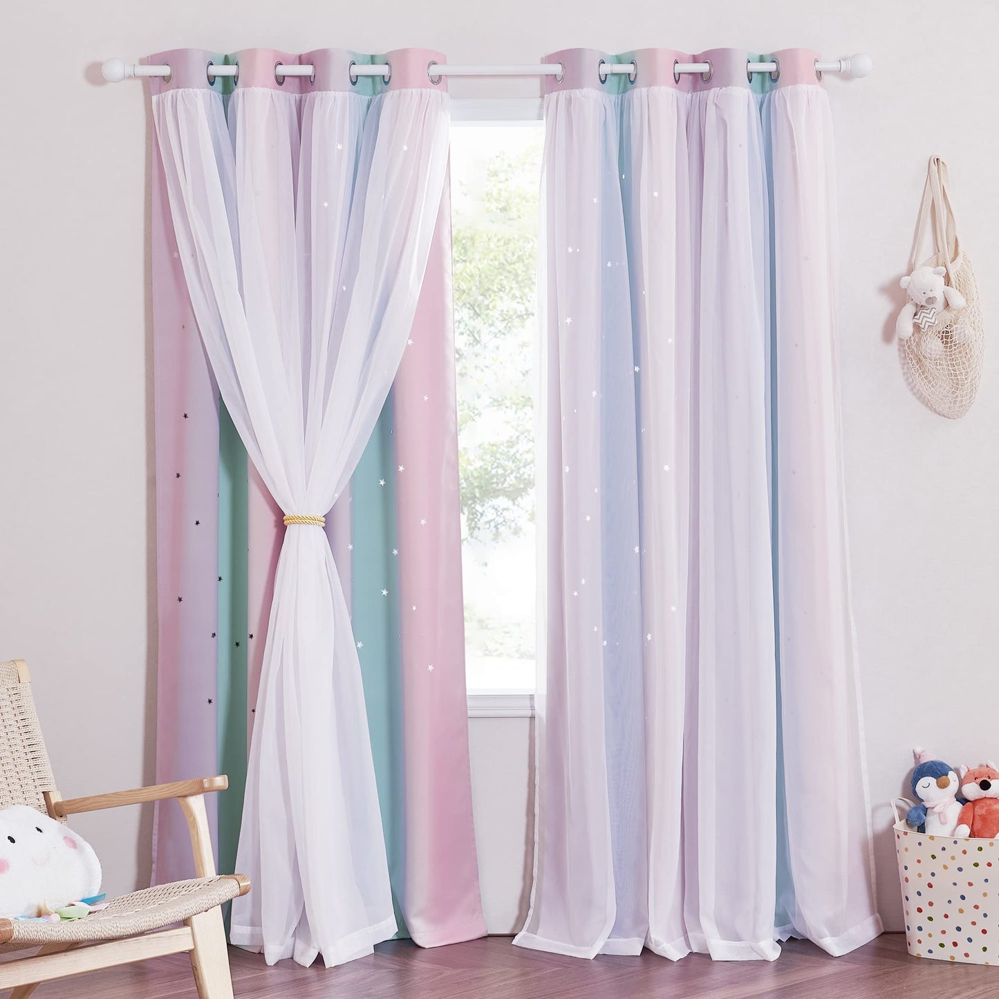 NICETOWN Nursery Curtains for Kids, Farmhouse Blackout Curtain Panels for Bedroom, Double Layer Star Hollow-Out Grommet Aesthetic Living Room Toddler Window Curtains, 2 Pcs, W52 x L84, Biscotti Beige
