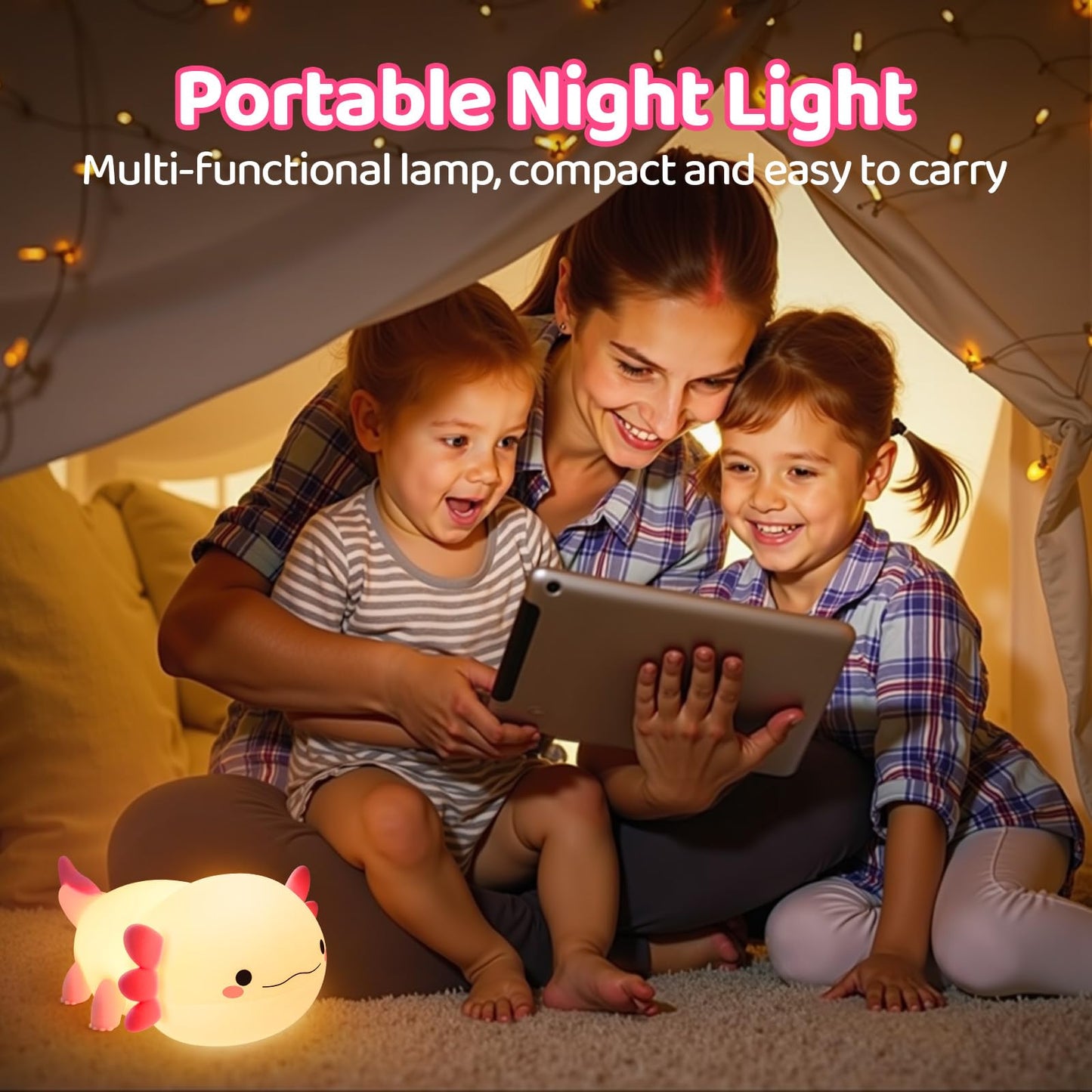 Huggwaii Squishy Axolotl Night Light for Kids – Dimmable Silicone Axolotl Lamp, 2025 Upgraded Baby Night Light, Rechargeable, 20H Battery Life, Sleep Aid Gift for Toddlers, Girls&Room Decor