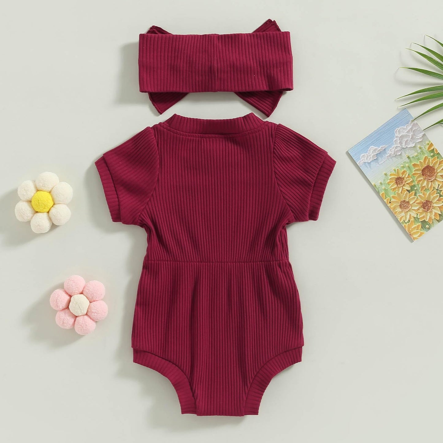 Baby Girl Summer Clothes Ribbed Short Sleeve Romper Solid Color Bodysuits Bow Headband Outfit Newborn Girl Jumpsuit