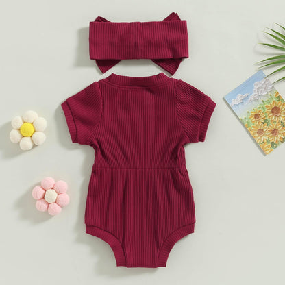 Baby Girl Summer Clothes Ribbed Short Sleeve Romper Solid Color Bodysuits Bow Headband Outfit Newborn Girl Jumpsuit