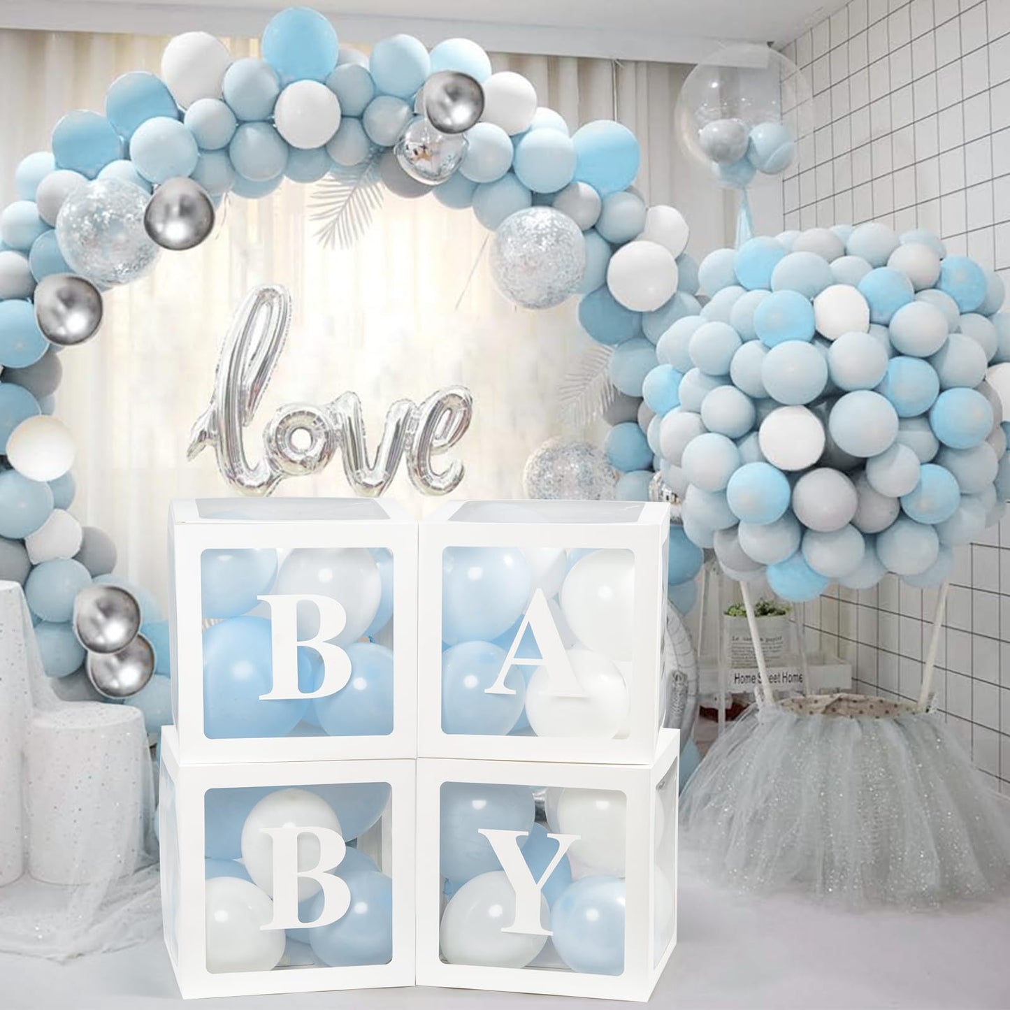 Baby Boxes with Letters for Baby Shower Decorations, Gender Reveal with 4 Pastel Balloon Boxes