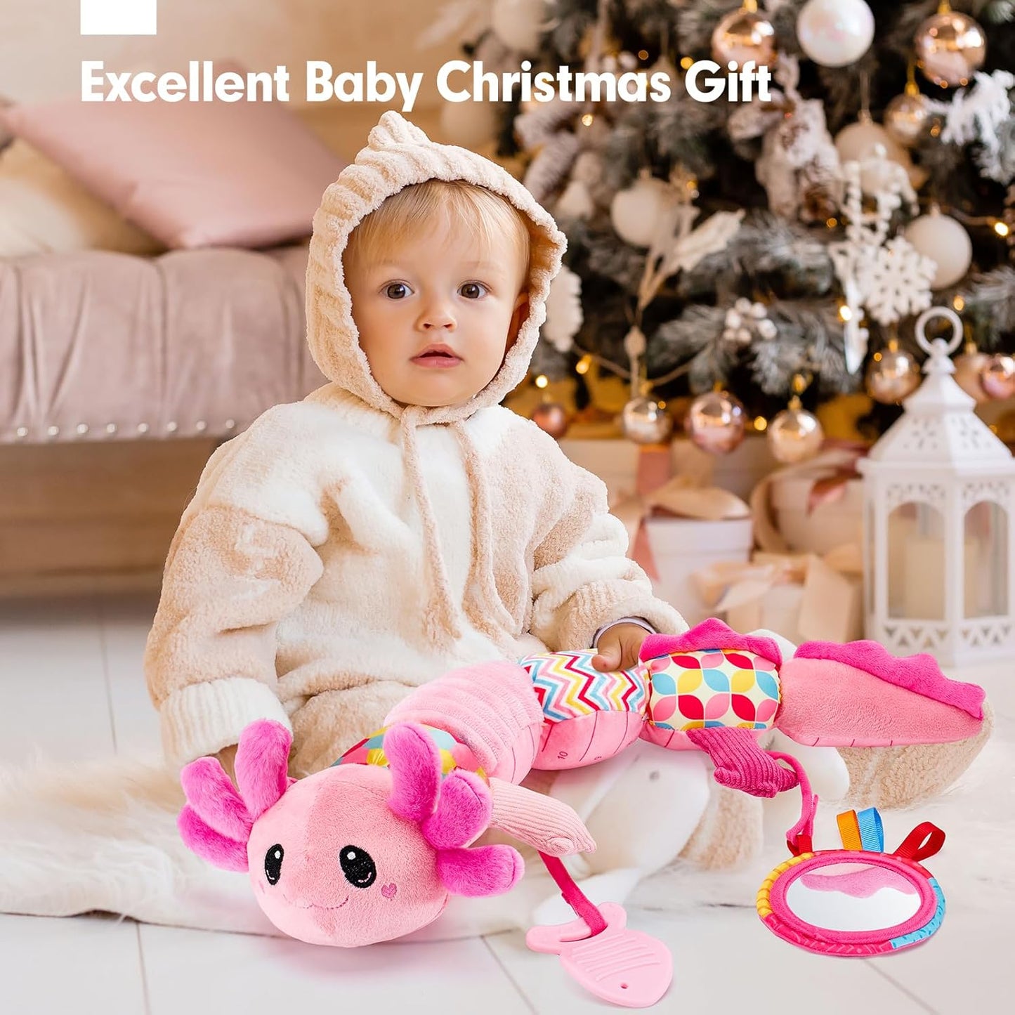 hahaland Tummy Time Toys for Babies 0-6 Months - Musical Axolotl Plush with Rattle, Teether, Mirror, Squeaky, Crinkle - Infant Toys 0-12 Months Baby Gifts