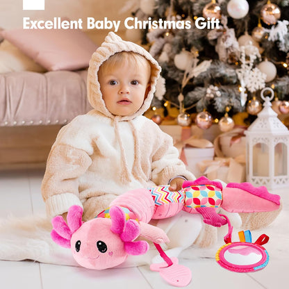 hahaland Tummy Time Toys for Babies 0-6 Months - Musical Axolotl Plush with Rattle, Teether, Mirror, Squeaky, Crinkle - Infant Toys 0-12 Months Baby Gifts