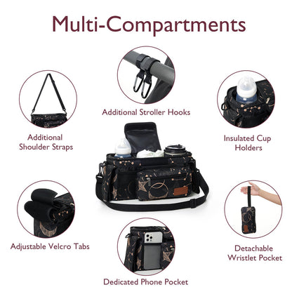 Momcozy Universal Stroller Organizer, 2 Insulated Cup Holders, Removable Zip Pocket, Adjustable Straps, Large Capacity Baby Essentials Compact Design, Fits Any Stroller (Multicolor)