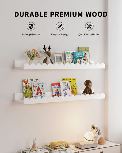 Nursery Book Shelves, 4-Pack White Floating Shelves for Wall Kids, Scalloped Shelves, Wall Book Shelves for Bedroom Kids, Toddler Room, Baby Room, Nursery Decor