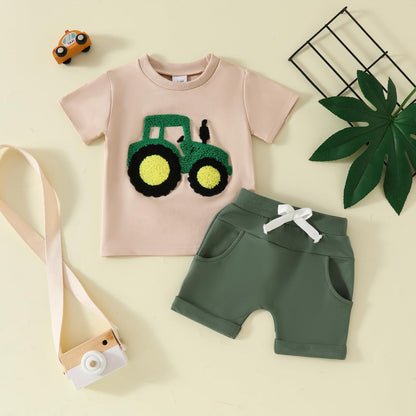 Toddler Baby Boy Summer Clothes Embroidered Farm Tractor Shirt and Short Set 2-Piece Outfits for Boys