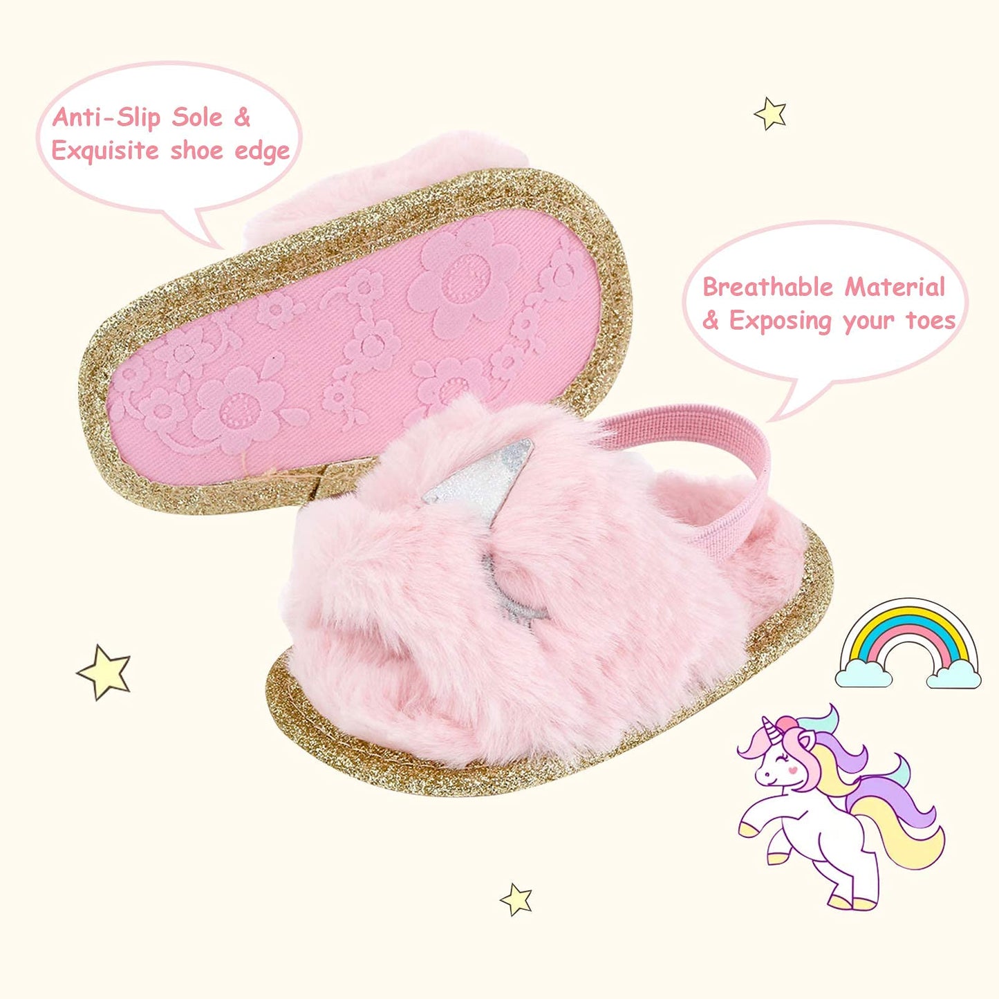 2 Pack Infant Baby Girls Sandals Elastic Back Strap Flats Slippers Soft Toddles Princess Shoes Faux Fur Slides Shoes First Walker House Shoes