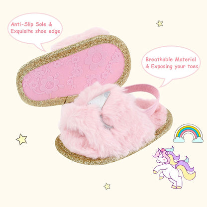 2 Pack Infant Baby Girls Sandals Elastic Back Strap Flats Slippers Soft Toddles Princess Shoes Faux Fur Slides Shoes First Walker House Shoes