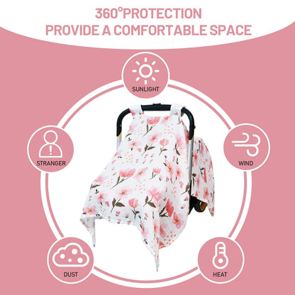 100% Muslin Summer Baby Car Seat Cover, Universal Fit Infant Car Seat Canopy, Breathable & Lightweight Sun, Weather Protection for Boys & Girls