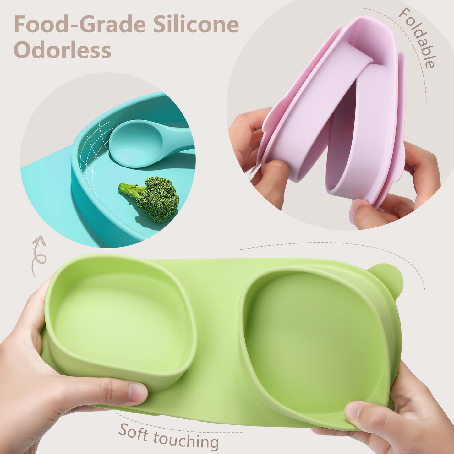 Silicone Foldable Novelty Dinner Plates,Baby Plates Travel Essential with Forks and Spoons,Microwave & Dishwasher SafeWatermelon