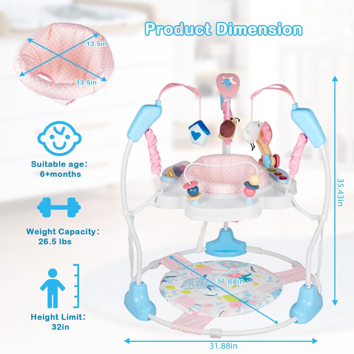 Baby Activity Center, Infant Jumpers and Bouncers with Music, Lights, Infant Toys, 360°Rotating Seat, 3 Adjustable Heights, Baby Play and Learning Center for 6+ Months