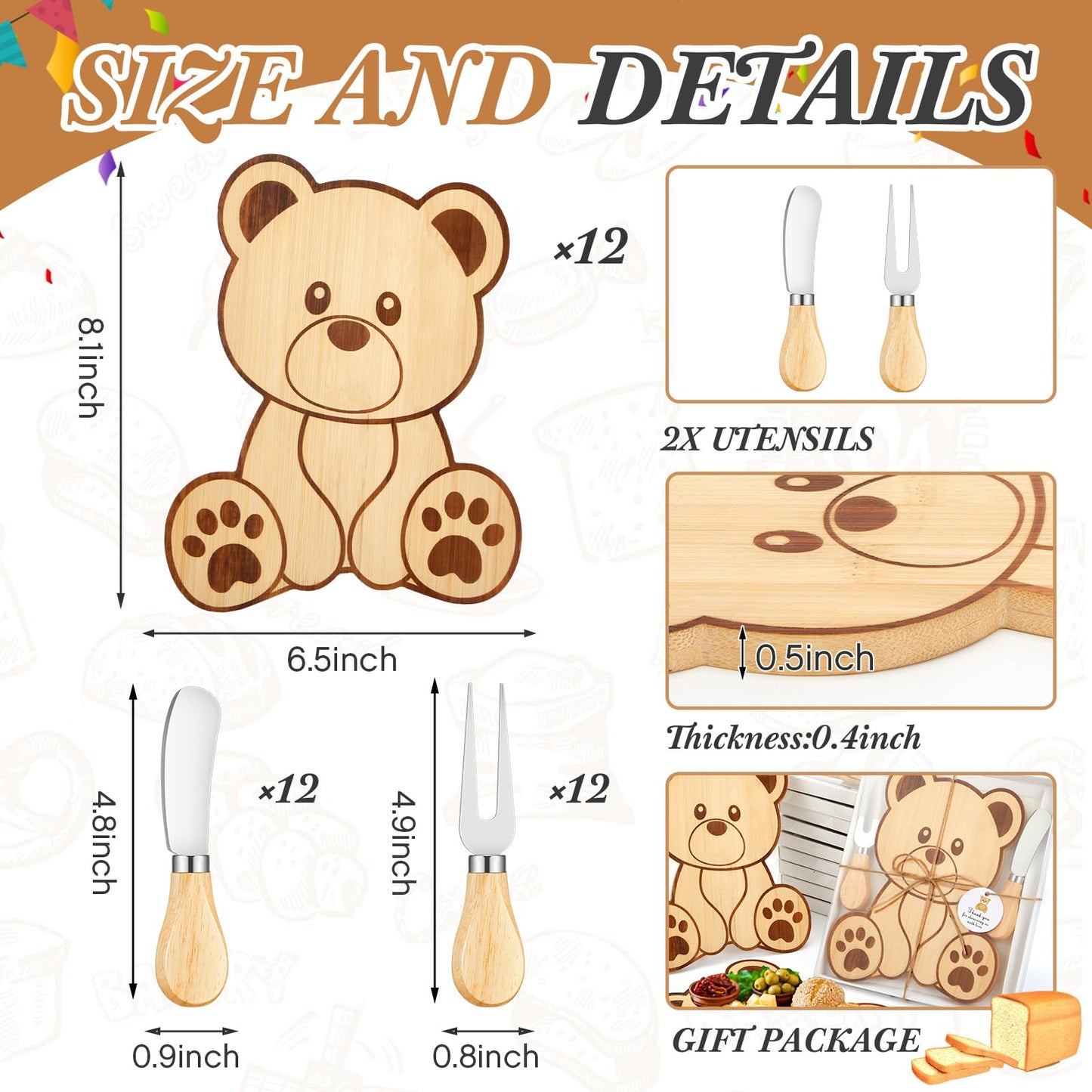 1 Set Baby Shower Party Favors Bear Shaped Cheese Board Set, Include Small Wood Cutting Charcuterie Boards with Knives and Forks Gift Box for Wedding Bridal Shower Birthday (Acacia Color)