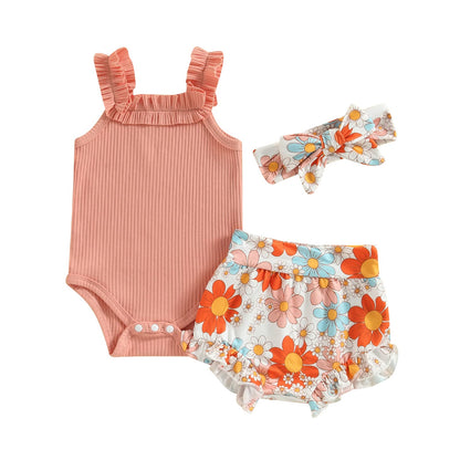 Murnouche Newborn Baby Girl Summer Clothes Sleeveless Floral Top Ribbed Shorts Boho Outfit Set
