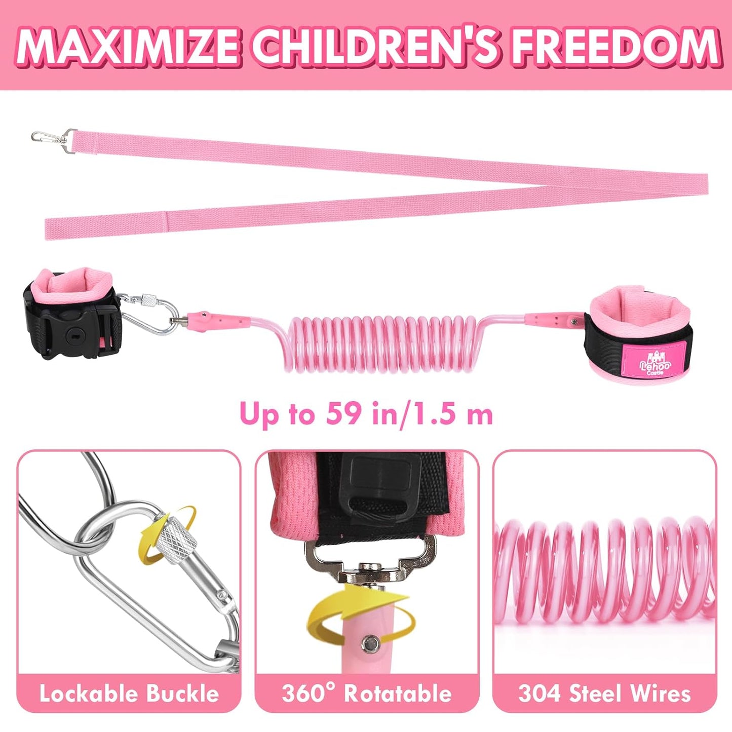 Lehoo Castle Toddler Leash for 1-5 Years, Baby Safety Harness for Girls with Anti-Lost Key Lock & Adjustable Strap, 3-in-1 Wrist Leash and Kids Backpack Harness for Walking Travel (Pink Butterfly)