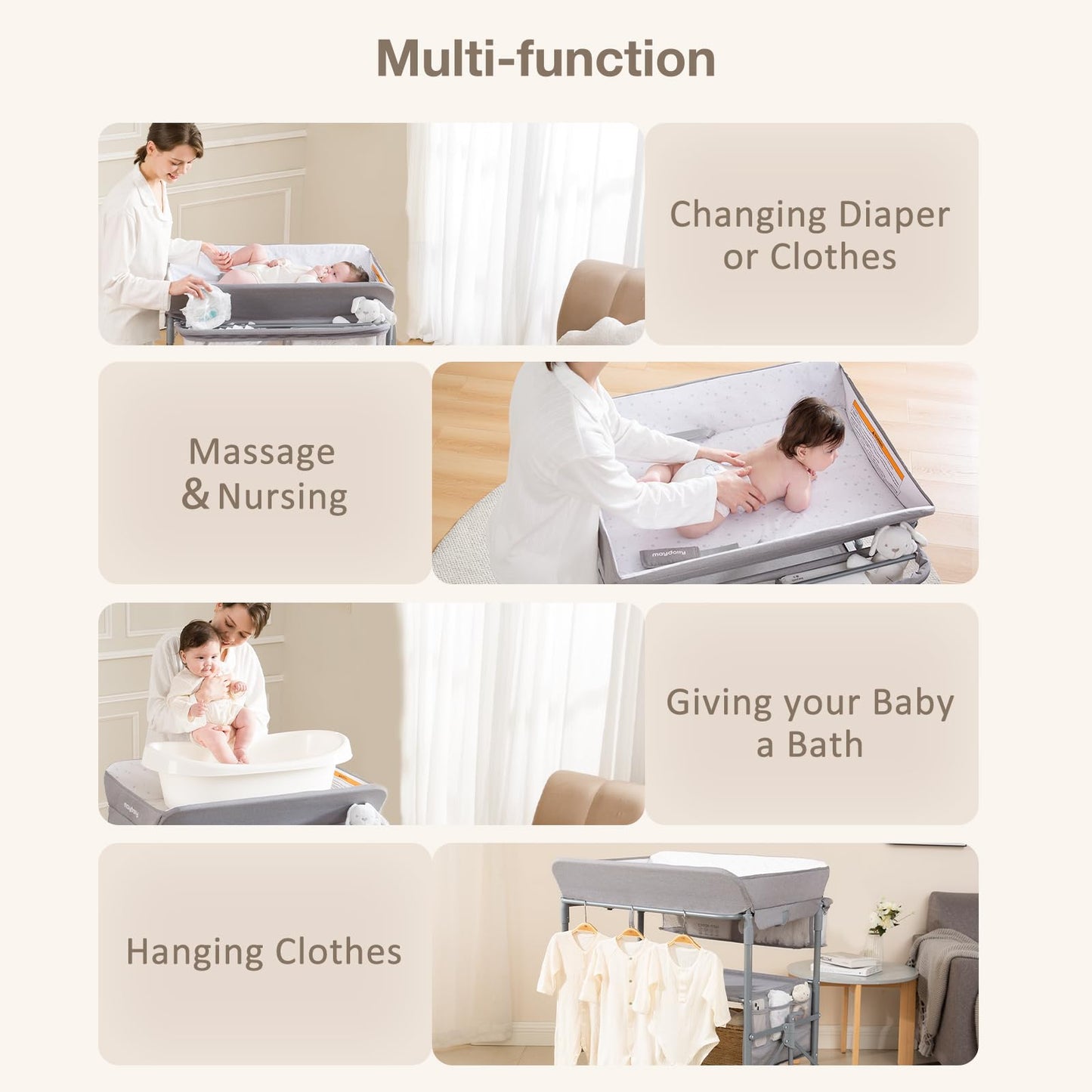 Baby Changing Table with Wheels, Maydolly Portable Foldable Changing Table, Waterproof Diaper Changing Station, Adjustable Height Changing Station, Mobile Nursery for Newborn and Infant (Grey)