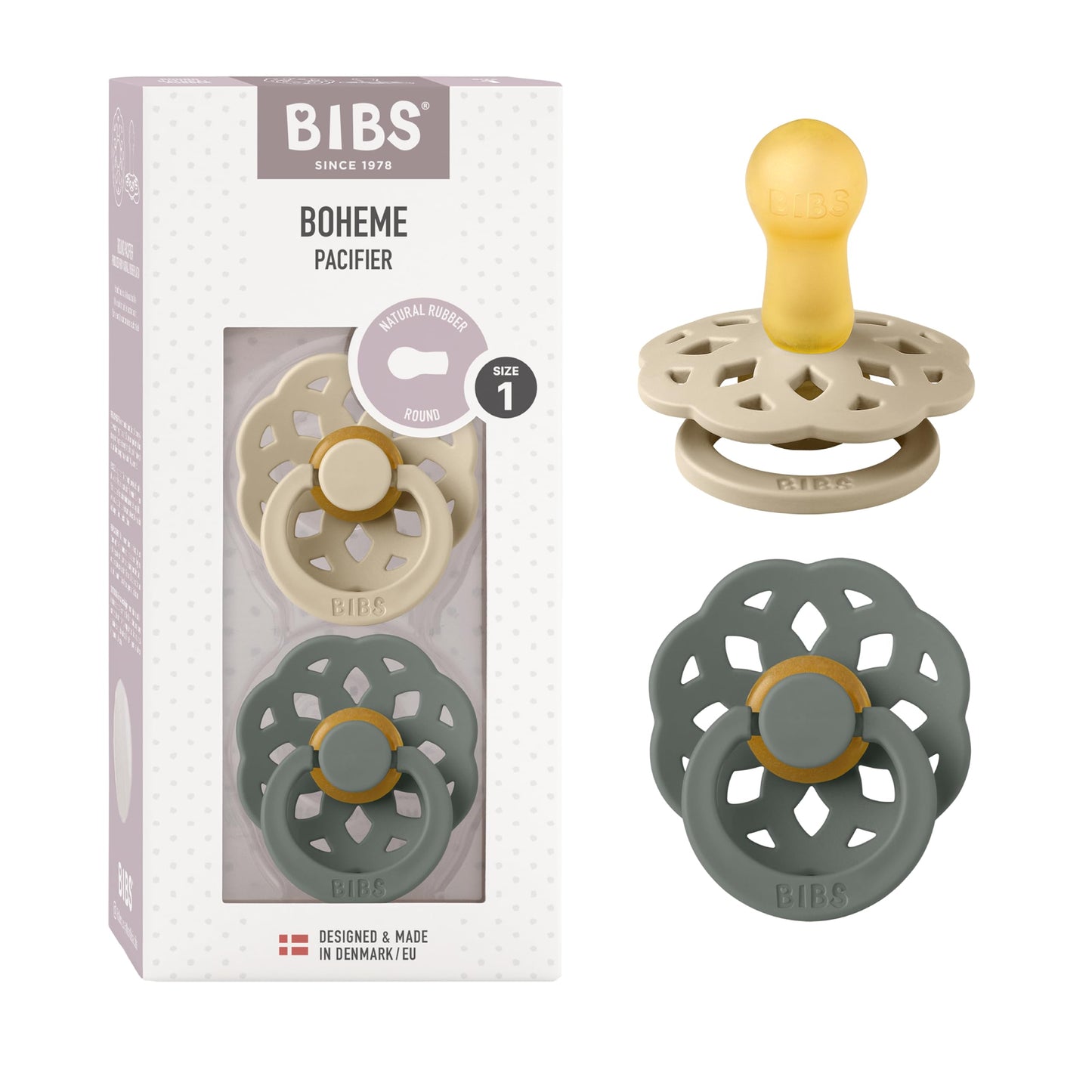 BIBS Pacifiers - Boheme Collection | BPA-Free Baby Pacifier | Made in Denmark | Set of 2 Ivory/Blossom Color Premium Soothers | Size 0-6 Months