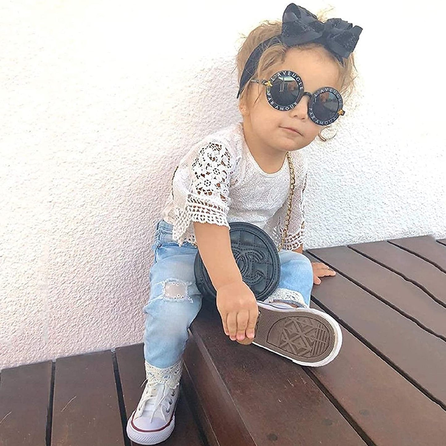 Baby Girl Clothes Set Lace Ruffle Romper Flare Denim Jean Pants and Headband 3Pcs Set Newborn Infant Outfits Set