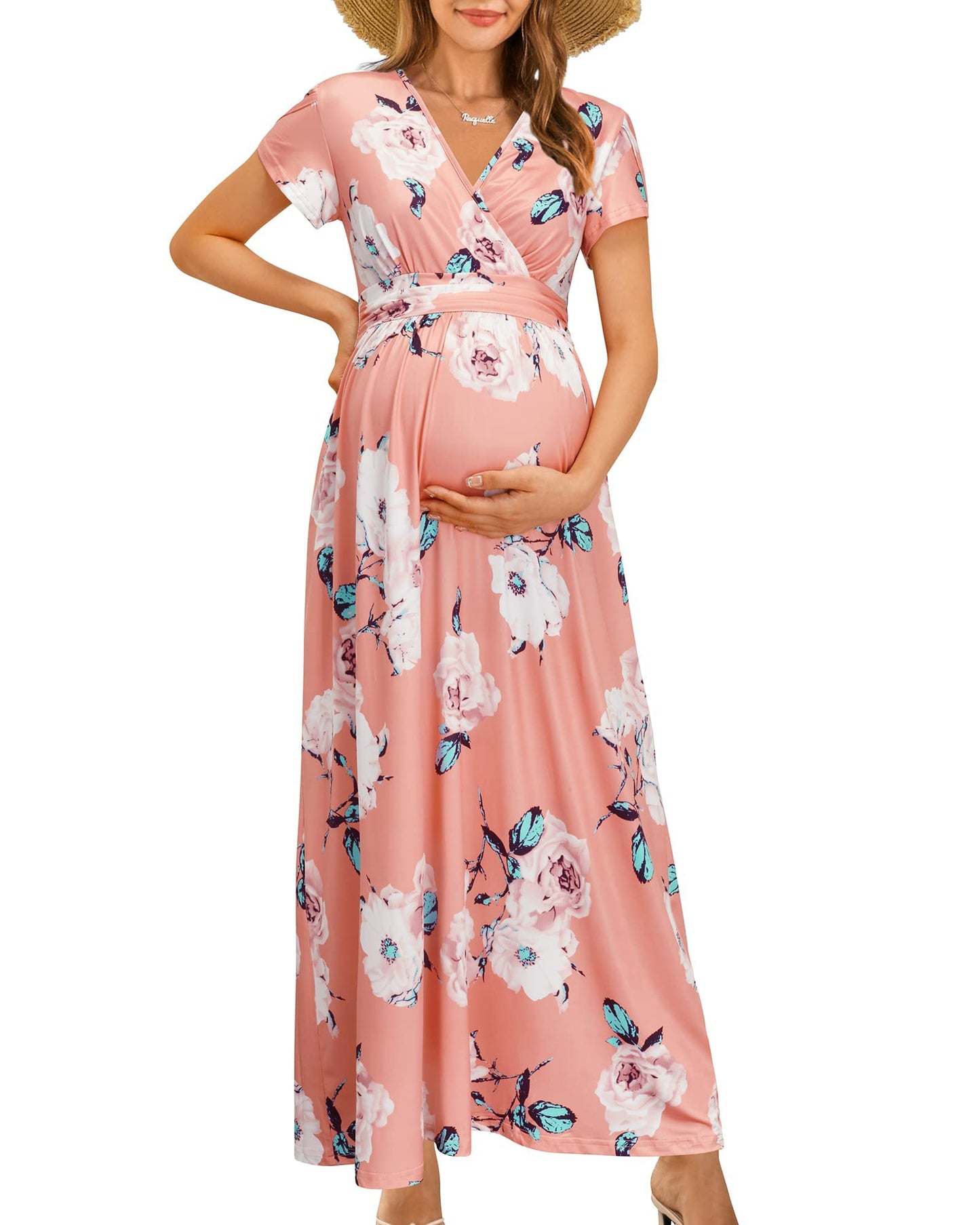 OUGES Maternity Maxi Dress Wrap V Neck Baby Shower Pregnancy Dresses for Photoshoot