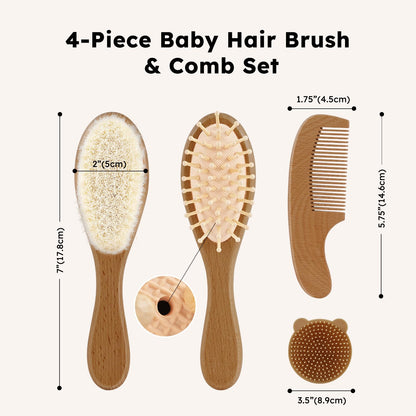 Yoofoss 4 Piece Baby Brush and Comb Set, Wooden Baby Brush with Natural Ultra Soft Goat Hair, Baby Hair Brush for Newborn, Baby Brush Set for Boy Girl