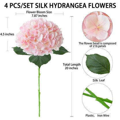 4 Pcs Pink Hydrangeas Artificial Flowers, 20 inches Large Lifelike Fake Silk Flowers, Faux Hydrangeas Flowers for Wedding Home Party Decor Baby Shower Table Centerpiece