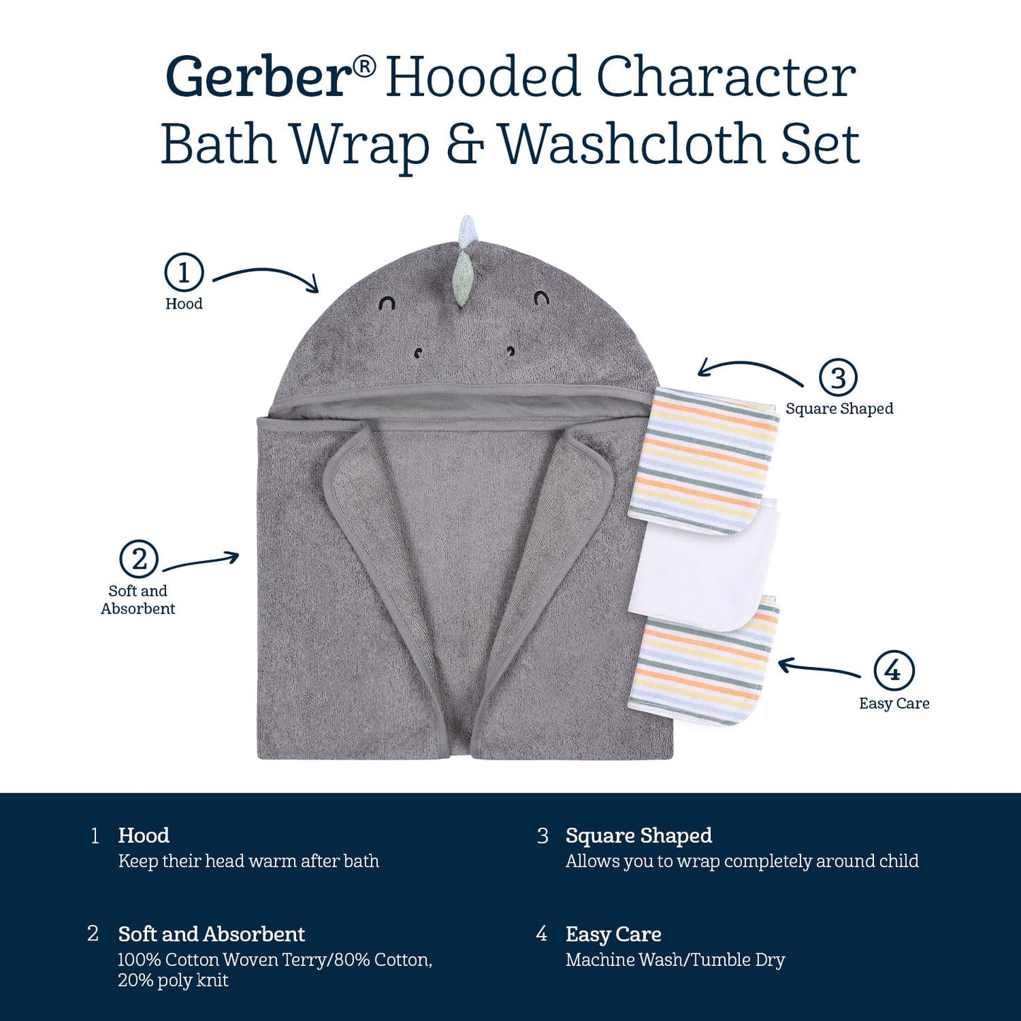 Gerber Baby 4 Piece Animal Character Hooded Towel and Washcloth Set, Brown Lion, One Size