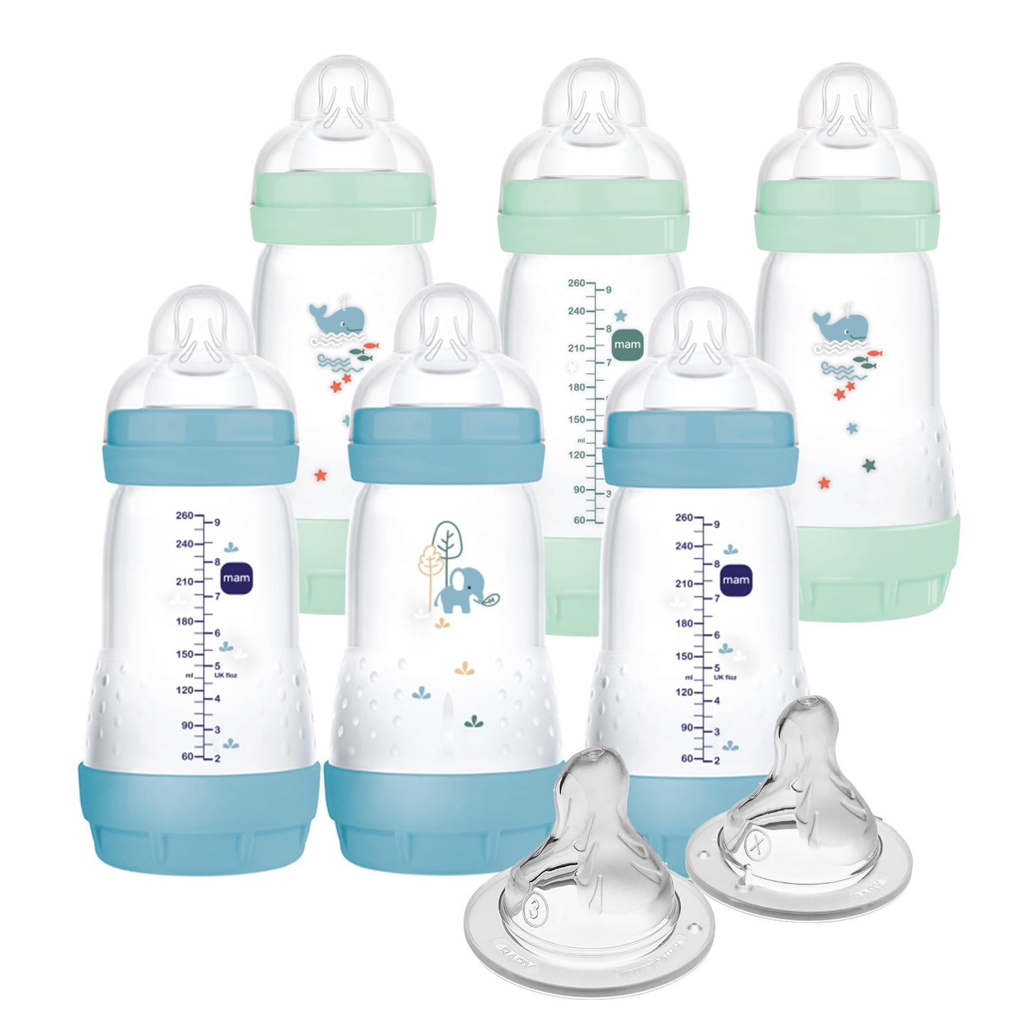 MAM 9oz Easy Start Anti-Colic Baby Bottles, Medium Flow, Breastfeeding-Like Silicone Nipple Bottle, Reduces Colic, Gas, & Reflux, Easy-to-Clean, BPA-Free, Colors May Vary