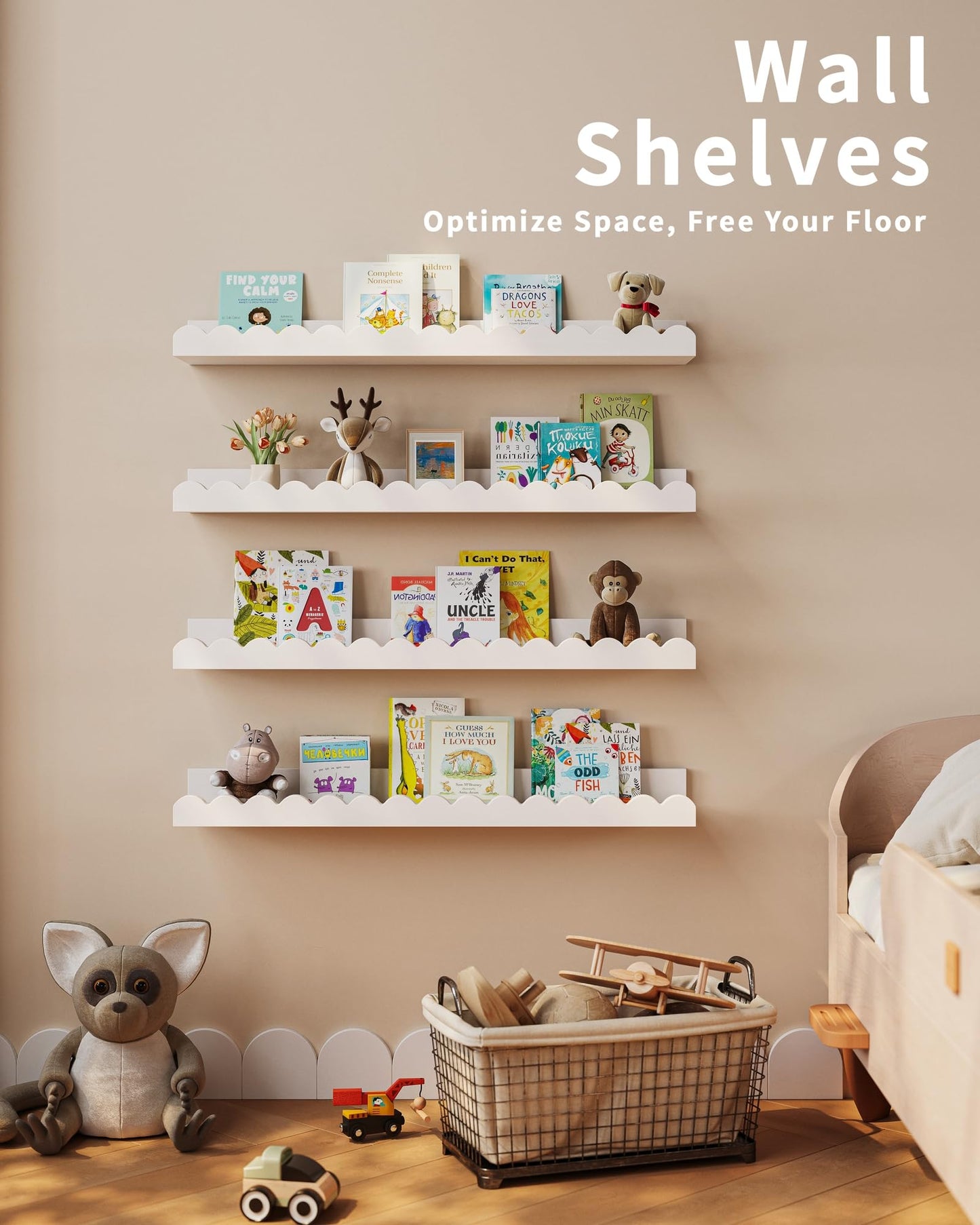 Nursery Book Shelves, 4-Pack White Floating Shelves for Wall Kids, Scalloped Shelves, Wall Book Shelves for Bedroom Kids, Toddler Room, Baby Room, Nursery Decor