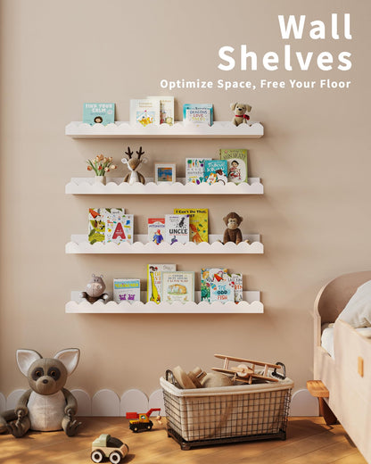 Nursery Book Shelves, 4-Pack White Floating Shelves for Wall Kids, Scalloped Shelves, Wall Book Shelves for Bedroom Kids, Toddler Room, Baby Room, Nursery Decor