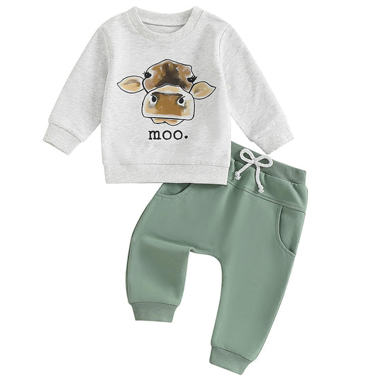 Pudcoco Toddler Baby Boys Girls Fall Clothes Farm Animal Outfit Horse Cow Chicken Sweatshirt and Jogger Pants Set