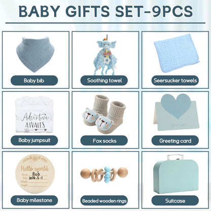 Baby Gift Set Baby Shower Gifts Basket for Newborns New Born Baby Boy Gift Set Blue Baby Gift Basket with Baby Rattle Muslin Towel Security Blanket Gender Reveal Gifts for Baby Girls Boys