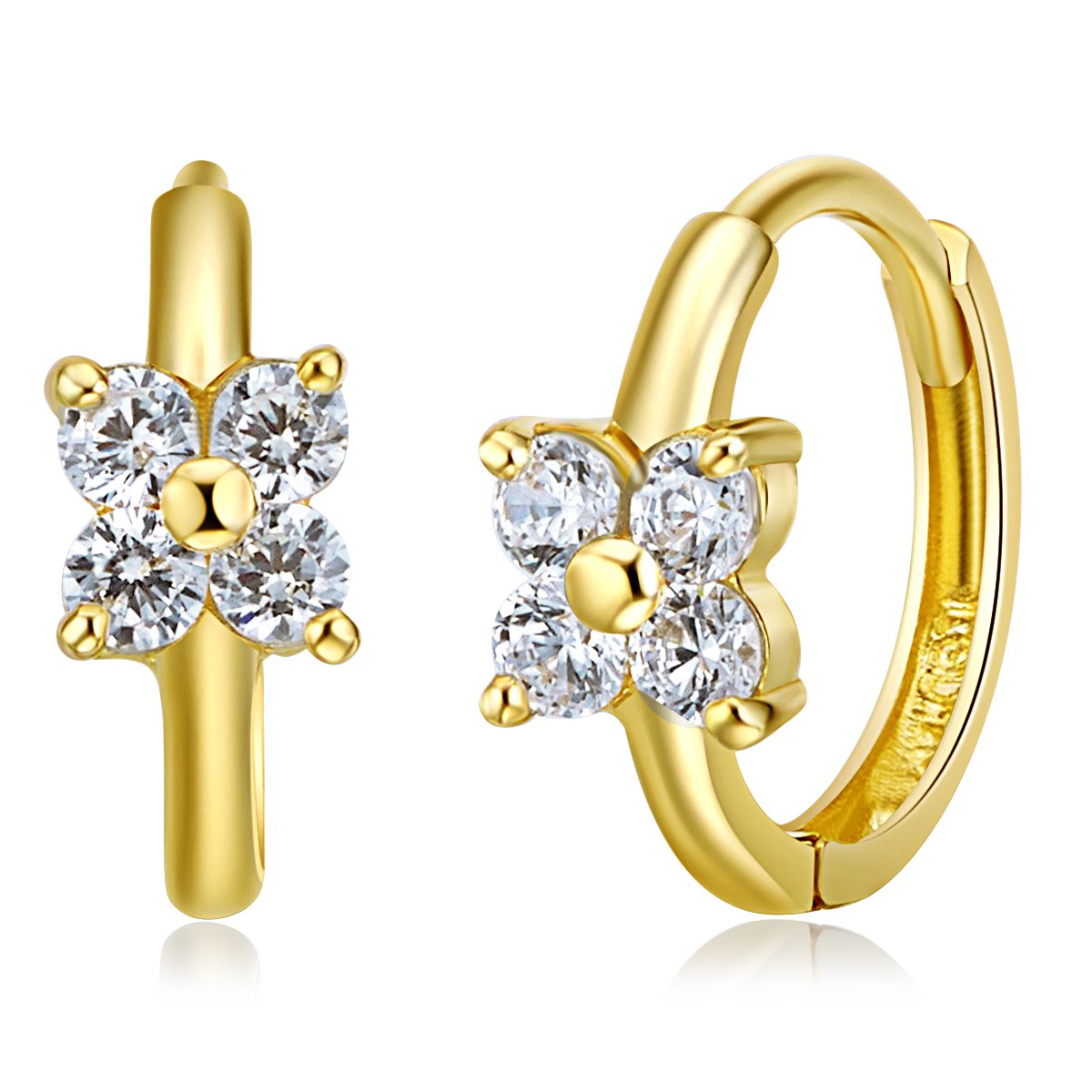 14k Yellow Gold Flower CZ Huggie Earrings (10 x 10 mm) - 2 Different Color Available