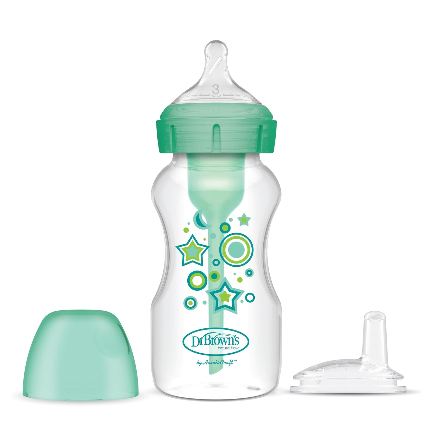 Dr. Brown’s Anti-Colic Options+ Wide-Neck Sippy Bottle Starter Kit, 9oz/270mL, with Level 3 Medium-Fast Flow Nipple and Soft 100% Silicone Sippy Spout, Pink, BPA Free, 6m+