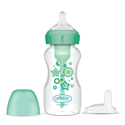 Dr. Brown’s Anti-Colic Options+ Wide-Neck Sippy Bottle Starter Kit, 9oz/270mL, with Level 3 Medium-Fast Flow Nipple and Soft 100% Silicone Sippy Spout, Pink, BPA Free, 6m+