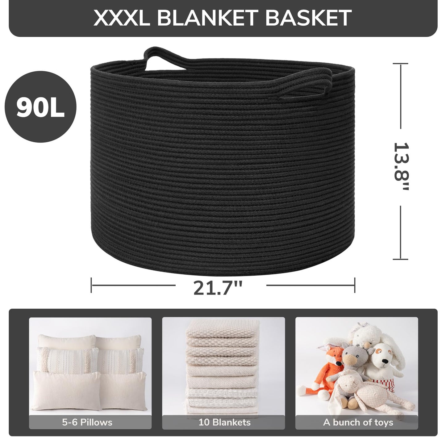 INDRESSME XXXLarge Cotton Rope Basket 21.7" x 21.7" x 13.8" Woven Baby Laundry Blanket Basket Toy Baskets with Handle Storage Comforter Cushions Thread Laundry Hamper