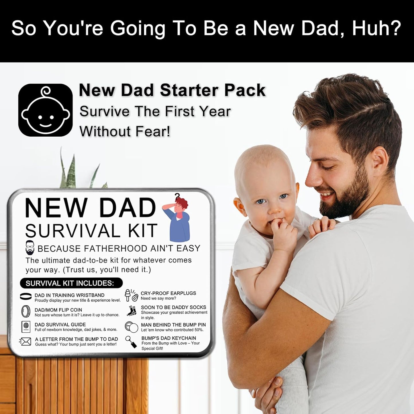 Funny New Dad Gift Set – 8-Piece First-Time Dad Kit for Baby Shower & Gender Reveal – Includes Socks, Decision Coin, Keychain, Guide Card, Wristband & More – Unique Gift for Expecting Fathers!