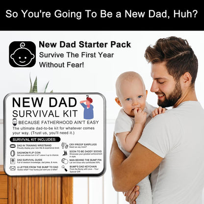 Funny New Dad Gift Set – 8-Piece First-Time Dad Kit for Baby Shower & Gender Reveal – Includes Socks, Decision Coin, Keychain, Guide Card, Wristband & More – Unique Gift for Expecting Fathers!