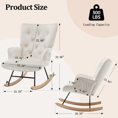 Rocking Chair for Nursery, Comfy Velvet Fabric Glider Rocker, Reading Chair with Support Seating and Side Pockets, Rocking Recliner Chair for Living Room, Bedroom, Balcony, Creamy Beige