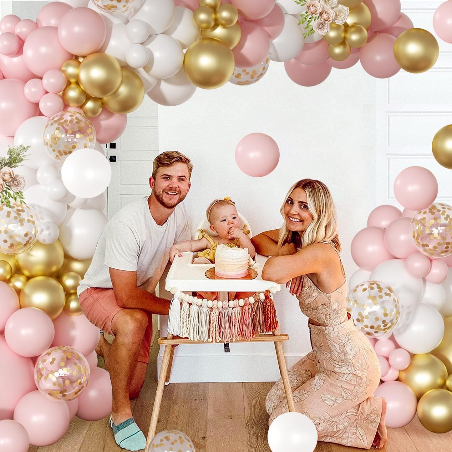 Pink and White Balloon Arch Kit, 138 Pcs Pink and Gold Balloon Garland Arch Kit Include Pastel Pink White Gold Confetti Balloons for Birthday Baby Shower Wedding Bridal Shower Party