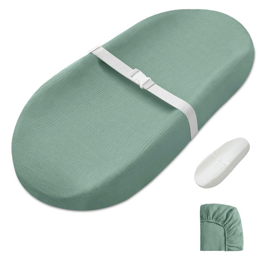 Blissful Diary Muslin Baby Changing Pad with Waterproof Lining Foam, Diaper Changing Table Pad with Cover for Dressers (Monstera, Avocado)
