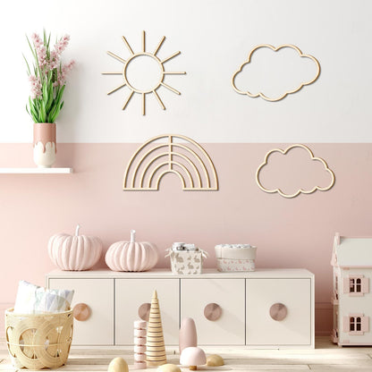 Kathfly4 Pieces Boho Nursery Cloud Star Wall Decor Wooden Babyroom Moon Rattan Wall Decor Wooden Rainbow for Children Baby Kids Boys Girls Bedroom Nursery Pendant(Cloud Moon Star)