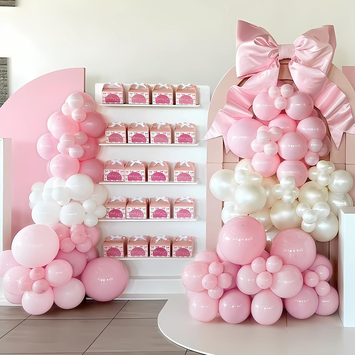 Pink Bow Balloons Arch Kit 147Pcs Coquette Birthday Decorations Pink and White balloon with Double-Stuffed Peal White Sand Long BOBO Balloon for Girls Baby Shower Coquette Birthday Party Decorations