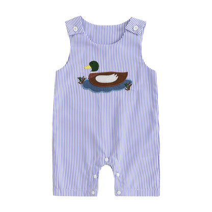 Baby Boy Summer Clothes Sleeveless Embroidery Dinosaur Striped Retro Romper Jumpsuit Smocked Shortall