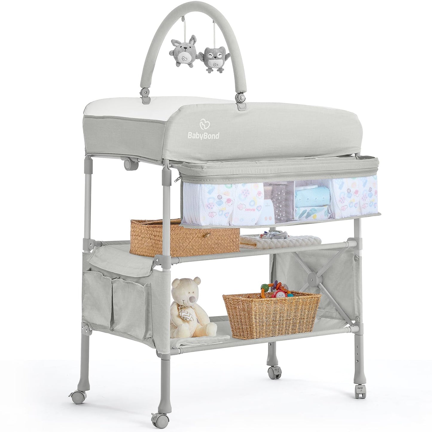 BabyBond Portable Baby Changing Table with 2 Storage Baskets, Foldable Changing Table Dresser Waterproof Diaper Changing Table Height Adjustable Changing Station for Infant and Newborn(Beige)