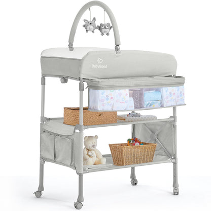 BabyBond Portable Baby Changing Table with 2 Storage Baskets, Foldable Changing Table Dresser Waterproof Diaper Changing Table Height Adjustable Changing Station for Infant and Newborn(Beige)