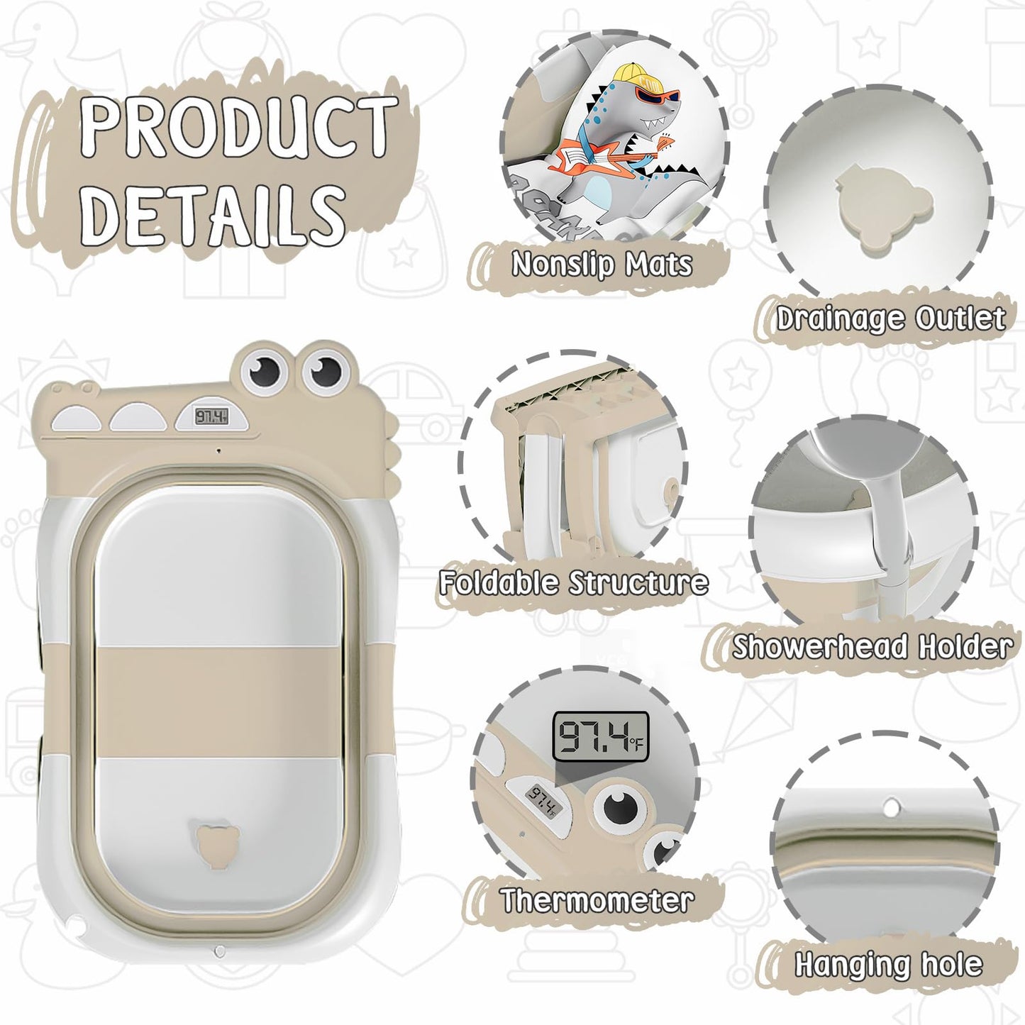 MoreFeel Collapsible Baby Bathtub for Newborn with Thermometer & 1 Hooded Towel & 1 Soft Floating Cushion,Portable Travel Bathtub with Drain Hole, Durable Foldable Baby Tubs for Infants to Toddler