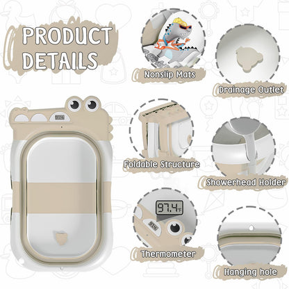 MoreFeel Collapsible Baby Bathtub for Newborn with Thermometer & 1 Hooded Towel & 1 Soft Floating Cushion,Portable Travel Bathtub with Drain Hole, Durable Foldable Baby Tubs for Infants to Toddler