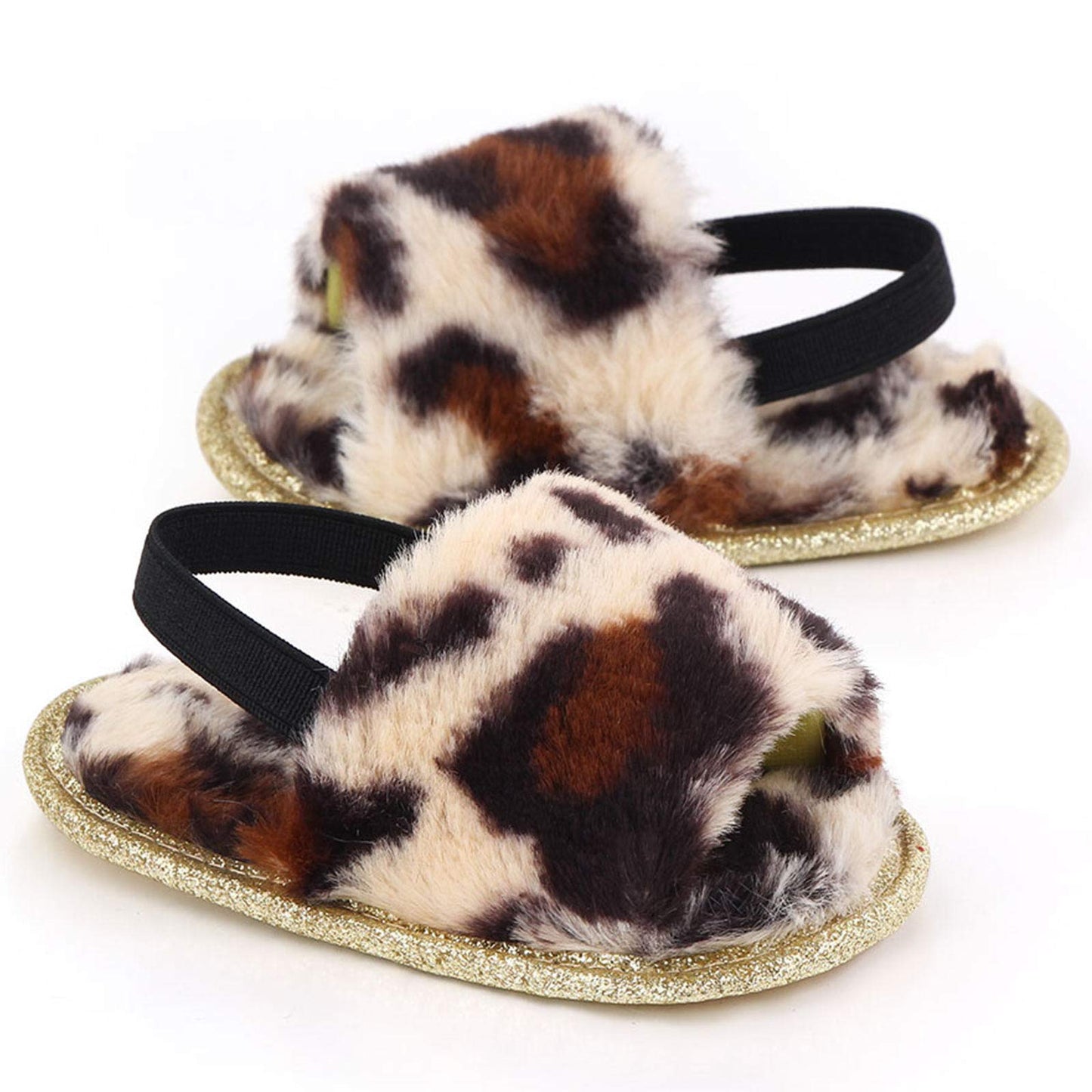 2 Pack Infant Baby Girls Sandals Elastic Back Strap Flats Slippers Soft Toddles Princess Shoes Faux Fur Slides Shoes First Walker House Shoes