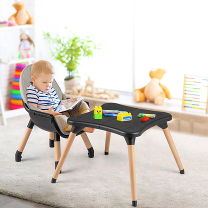 BABY JOY 6 in 1 High Chair, Convertible High Chairs for Babies and Toddlers/Booster Seat/Table and Chair Set, Infant Wooden Highchair w/ 5-Point Harness, 4-Position Removable Tray & PU Cushion, Coffee