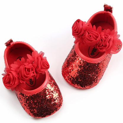 Baby Girls Mary Jane Flats with Bowknot Flowers Soft Newborn Infant First Walkers Crib Shoes Wedding Party Christmas Dress Shoes