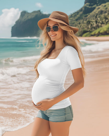 Huukeay 4 Pack Women's Maternity Shirts Cotton Ribbed Short Sleeve Square Neck Pregnancy Tops Side Ruched Summer Tee